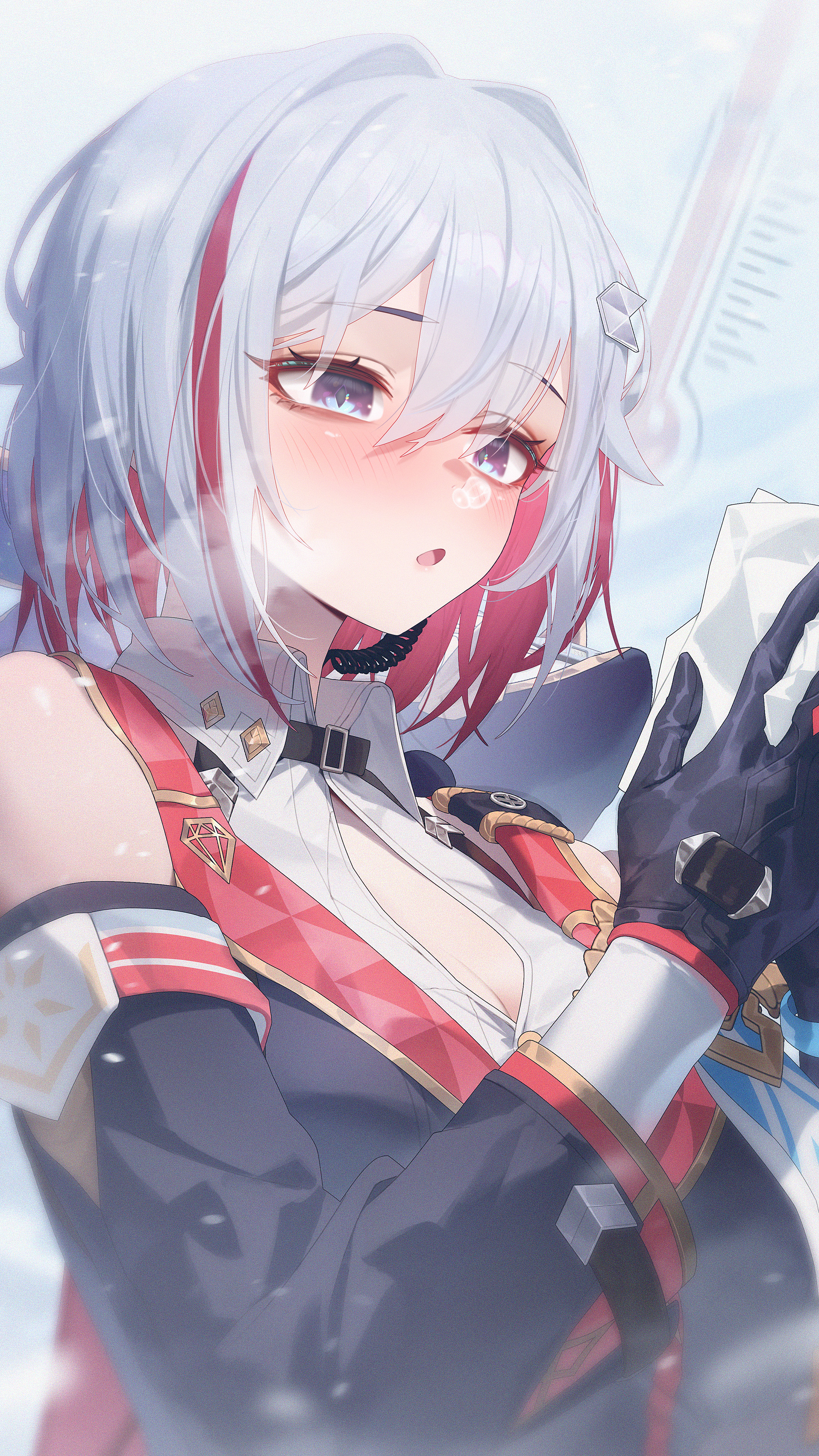 1girl :o absurdres bare_shoulders black_gloves black_sleeves blue_eyes blush breasts cold colored_inner_hair commentary_request detached_sleeves diamond-shaped_pupils diamond_(shape) earpiece gloves hair_between_eyes hair_ornament highres holding_tissue honkai:_star_rail honkai_(series) medium_breasts multicolored_hair nose_bubble numby_(honkai:_star_rail) open_mouth partial_commentary pink_hair short_hair streaked_hair sushispin symbol-shaped_pupils topaz_(honkai:_star_rail) trotter_(honkai:_star_rail) upper_body white_hair