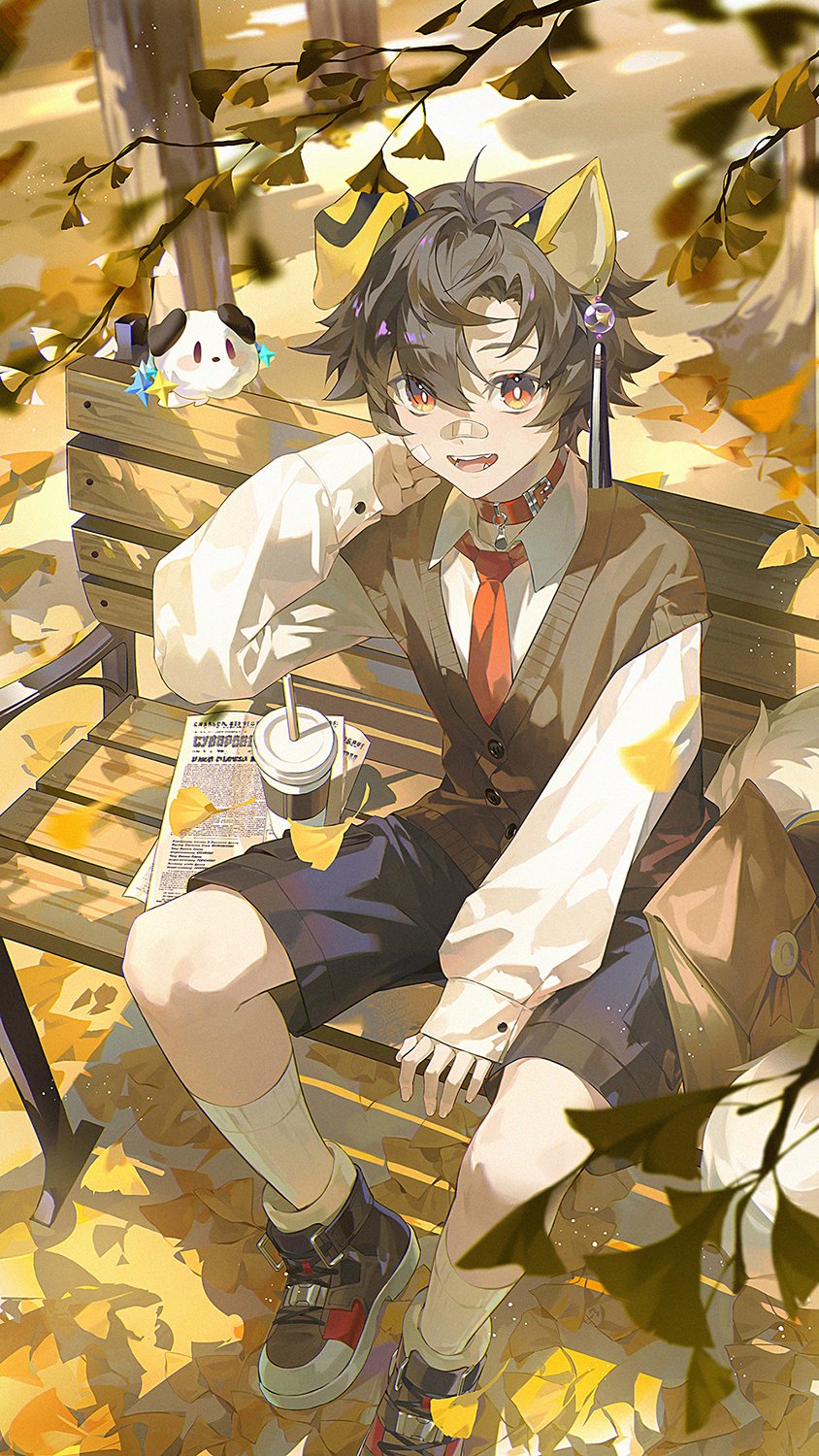 1boy animal_ear_fluff animal_ears autumn_leaves bench black_shorts brown_hair collared_shirt cup day disposable_cup dog_boy dog_ears full_body hair_between_eyes highres leaf long_sleeves looking_at_viewer male_focus necktie on_bench open_mouth original park_bench parted_bangs red_necktie shirt shoes short_hair shorts sitting smile sneakers sweater_vest vest white_shirt xiaojiaju