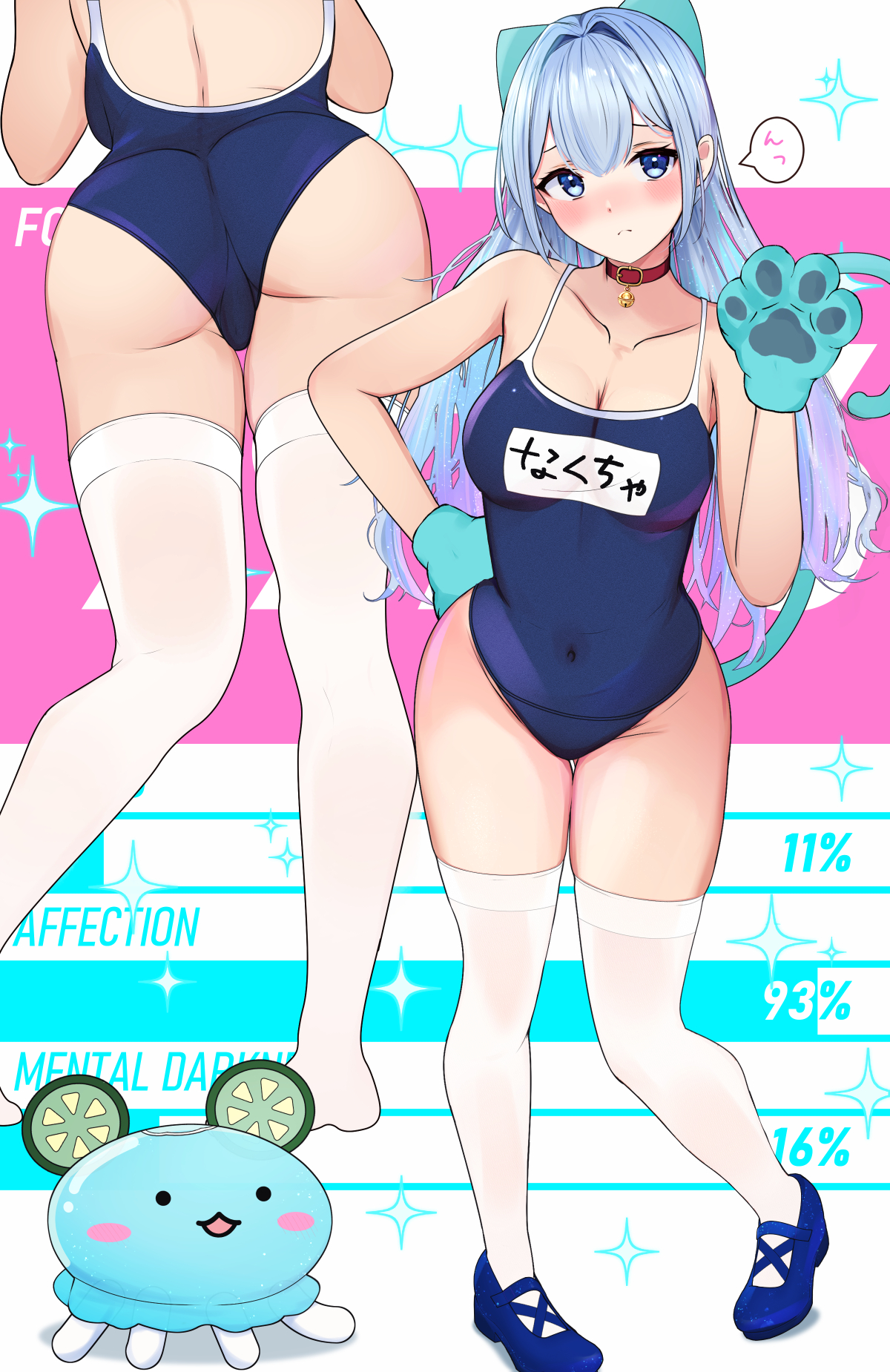 1girl aitsuki_nakuru animal_hands ass bell blue_eyes blue_hair blue_shoes blush bow breasts cleavage closed_mouth collar covered_navel daten_route gloves hair_bow highres la_priere long_hair miramira1908 multiple_views name_tag neck_bell needy_girl_overdose old_school_swimsuit paw_gloves red_collar school_swimsuit shoes speech_bubble swimsuit tail thighhighs white_thighhighs