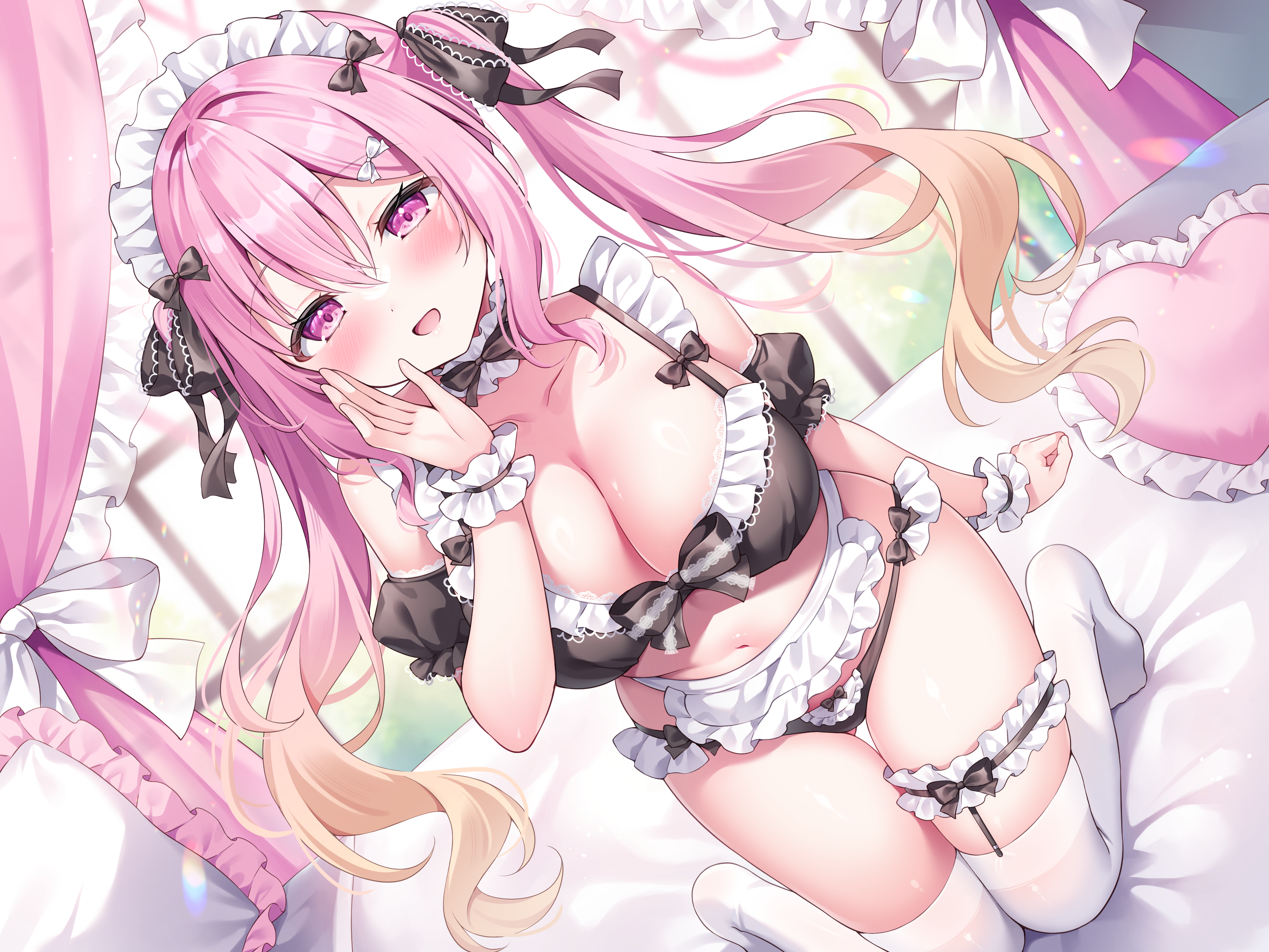 1girl absurdres apron bare_shoulders bed bikini black_bikini bow bra breasts canopy_bed choker cleavage detached_sleeves dutch_angle frilled_bikini frilled_choker frilled_thigh_strap frills gradient_hair hair_bow hand_up highres kneeling large_breasts long_hair looking_at_viewer maid maid_bikini maid_headdress multicolored_hair navel no_shoes open_mouth original panties pink_eyes pink_hair shiono_(0303) side-tie_bikini_bottom smile solo stomach string_bikini swimsuit thigh_gap thigh_strap thighhighs thighs twintails unconventional_maid underwear very_long_hair waist_apron white_thighhighs wrist_cuffs