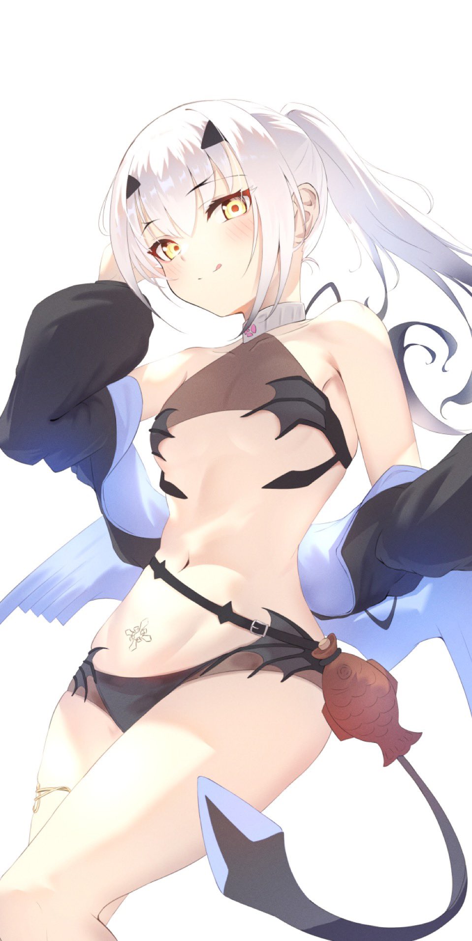 1girl bare_shoulders bikini black_bikini black_jacket blush breasts cropped_jacket dragon_wings fate/grand_order fate_(series) fish_bottle forked_eyebrows high_ponytail highres jacket jewelry licking_lips long_hair long_sleeves looking_at_viewer mask melusine_(fate) melusine_(swimsuit_ruler)_(fate) melusine_(swimsuit_ruler)_(first_ascension)_(fate) mouth_mask navel off_shoulder ponytail pubic_tattoo revealing_clothes shrug_(clothing) sidelocks small_breasts smile solo swimsuit tail tattoo thighlet thighs tongue tongue_out umi_endu white_hair wings yellow_eyes