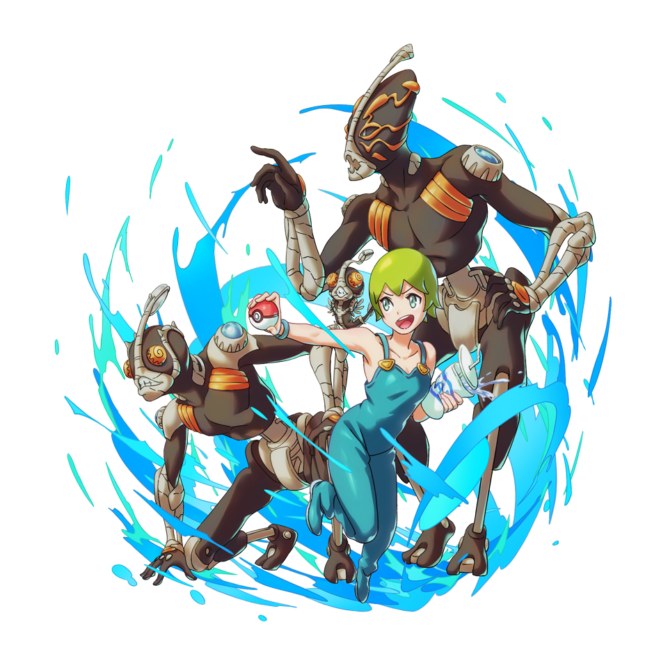 1girl aqua_eyes blue_overalls bracelet breasts cup disposable_cup foo_fighters_(jojo) foo_fighters_(stand) green_hair jewelry jojo_no_kimyou_na_bouken multiple_persona okazaki_johnny open_mouth overalls poke_ball poke_ball_(basic) small_breasts smile stone_ocean water