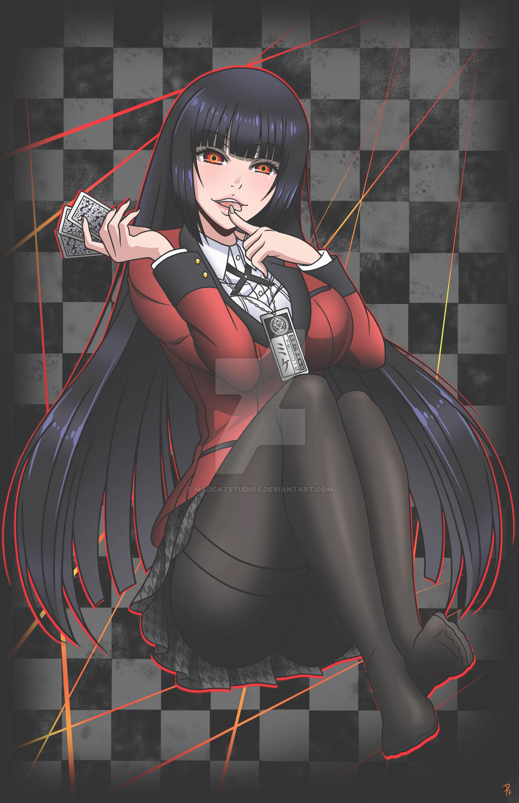 1girl black_hair breasts highres jabami_yumeko kakegurui large_breasts long_hair madcatstudios pantyhose red_eyes sitting skirt solo