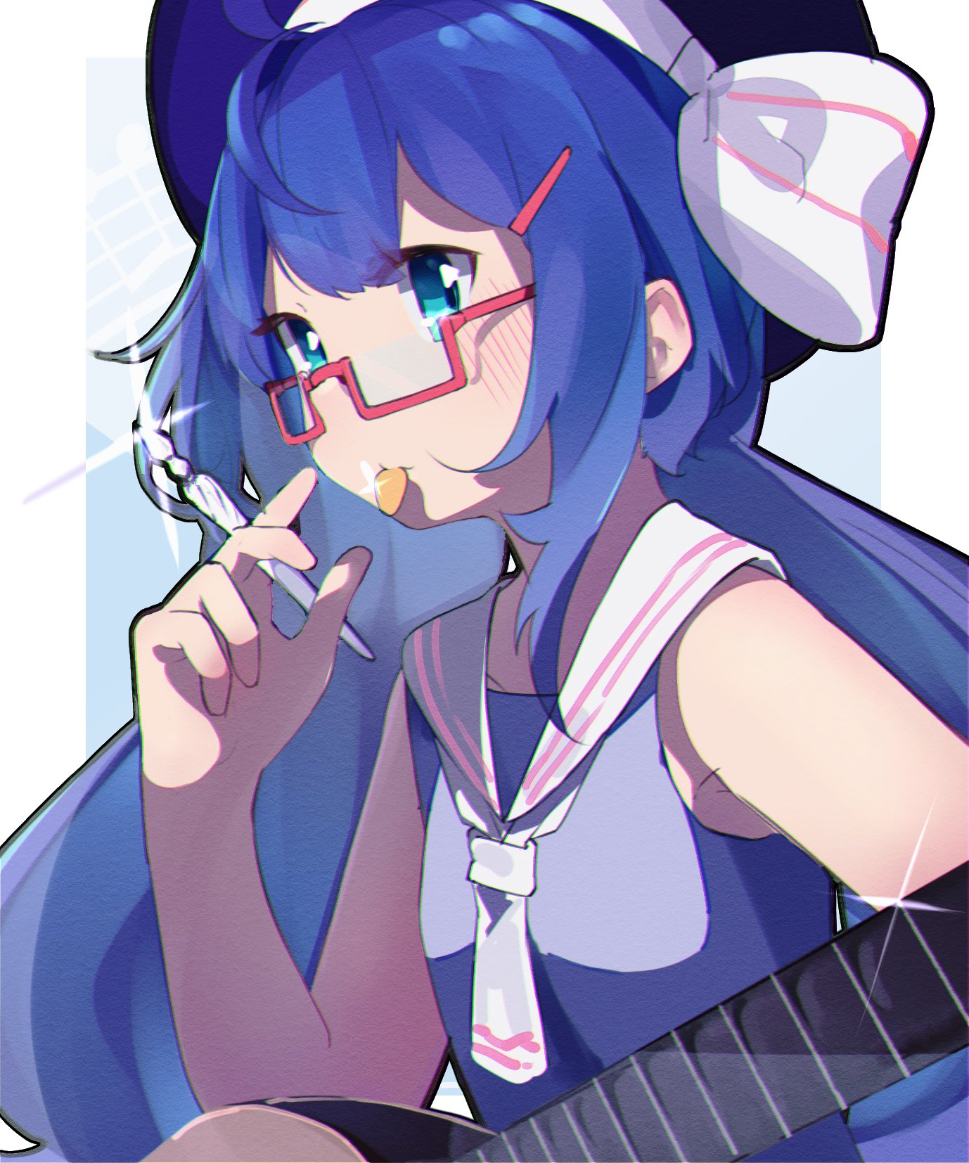1girl ahoge aqua_eyes ascot black_outline blue_dress blue_hair blue_hat border diffraction_spikes dress glass_pen glasses glint grey_background guitar hair_between_eyes hair_ornament hairclip hat hat_ribbon highres holding holding_guitar holding_instrument holding_pen instrument large_hat long_hair looking_to_the_side low_twintails mo_kiduti mouth_hold otomachi_una otomachi_una_(talkex) outline outside_border pen plectrum red-framed_eyewear ribbon sailor_collar semi-rimless_eyewear sidelocks sleeveless sleeveless_dress solo talkex twintails under-rim_eyewear upper_body very_long_hair voiceroid white_ascot white_border white_ribbon white_sailor_collar