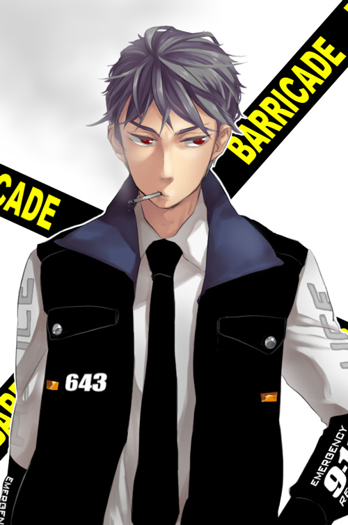1boy bad_id bad_pixiv_id barricade barricade_(transformers) cigarette decepticon grey_hair jacket male_focus necktie nishiyama_(whatsoy) personification police red_eyes smoking solo transformers