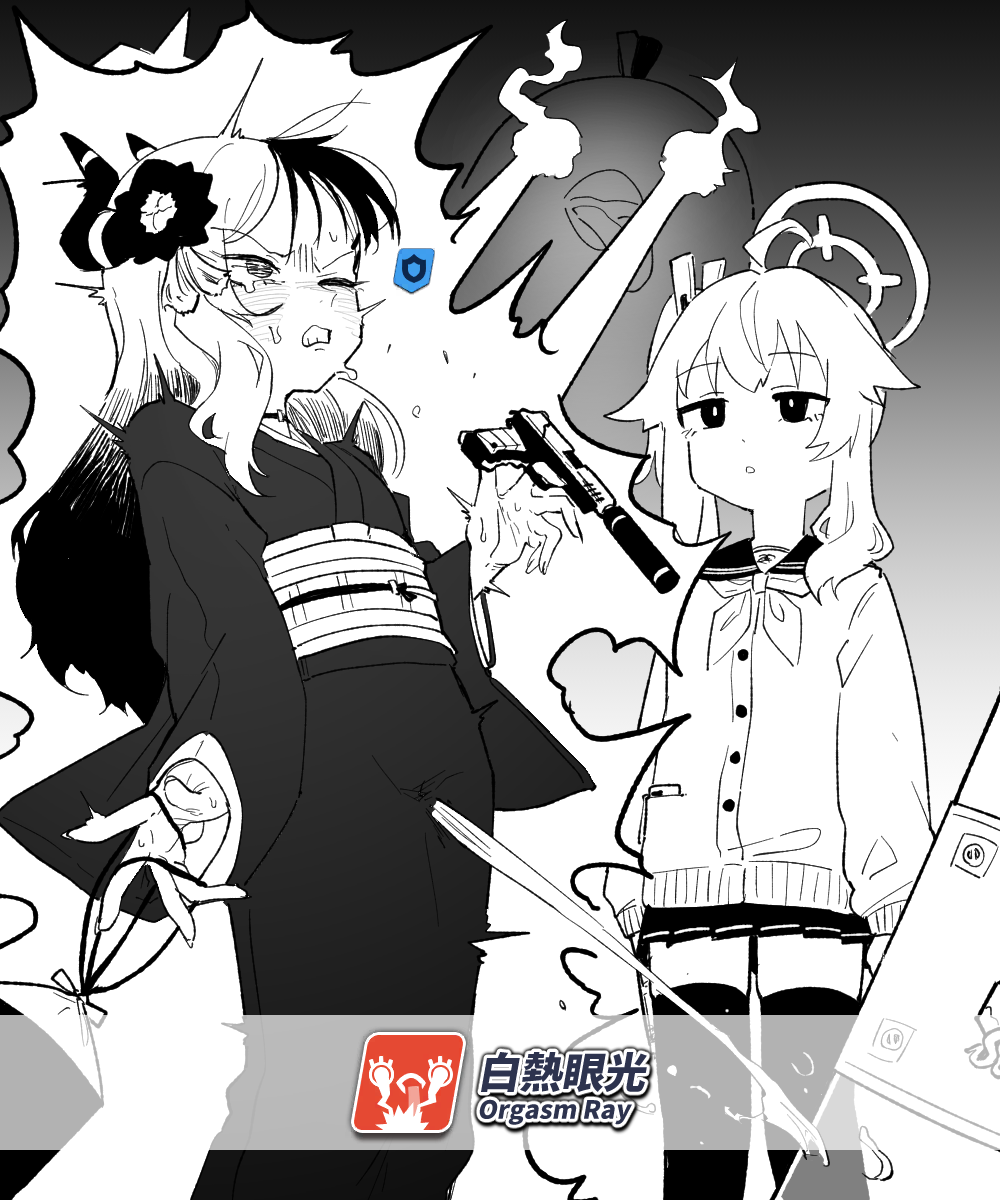 2girls asahina_yoshitoshi asymmetrical_bangs black_flower black_horns black_kimono black_thighhighs blue_archive cardigan commentary_request demon_horns eye_beam female_ejaculation female_ejaculation_through_clothes female_orgasm flower gameplay_mechanics greyscale gun h&amp;k_p30 halo handgun highres horns japanese_clothes kayoko_(blue_archive) kayoko_(new_year)_(blue_archive) kimono kinchaku long_tongue looking_at_another micro_uzi monochrome multiple_girls natsu_(blue_archive) obi official_alternate_costume one_eye_closed orgasm perorozilla_(blue_archive) pleated_skirt pouch pussy_juice riot_shield sash shield skirt spontaneous_orgasm spot_color standing submachine_gun thighhighs tongue weapon white_cardigan zettai_ryouiki