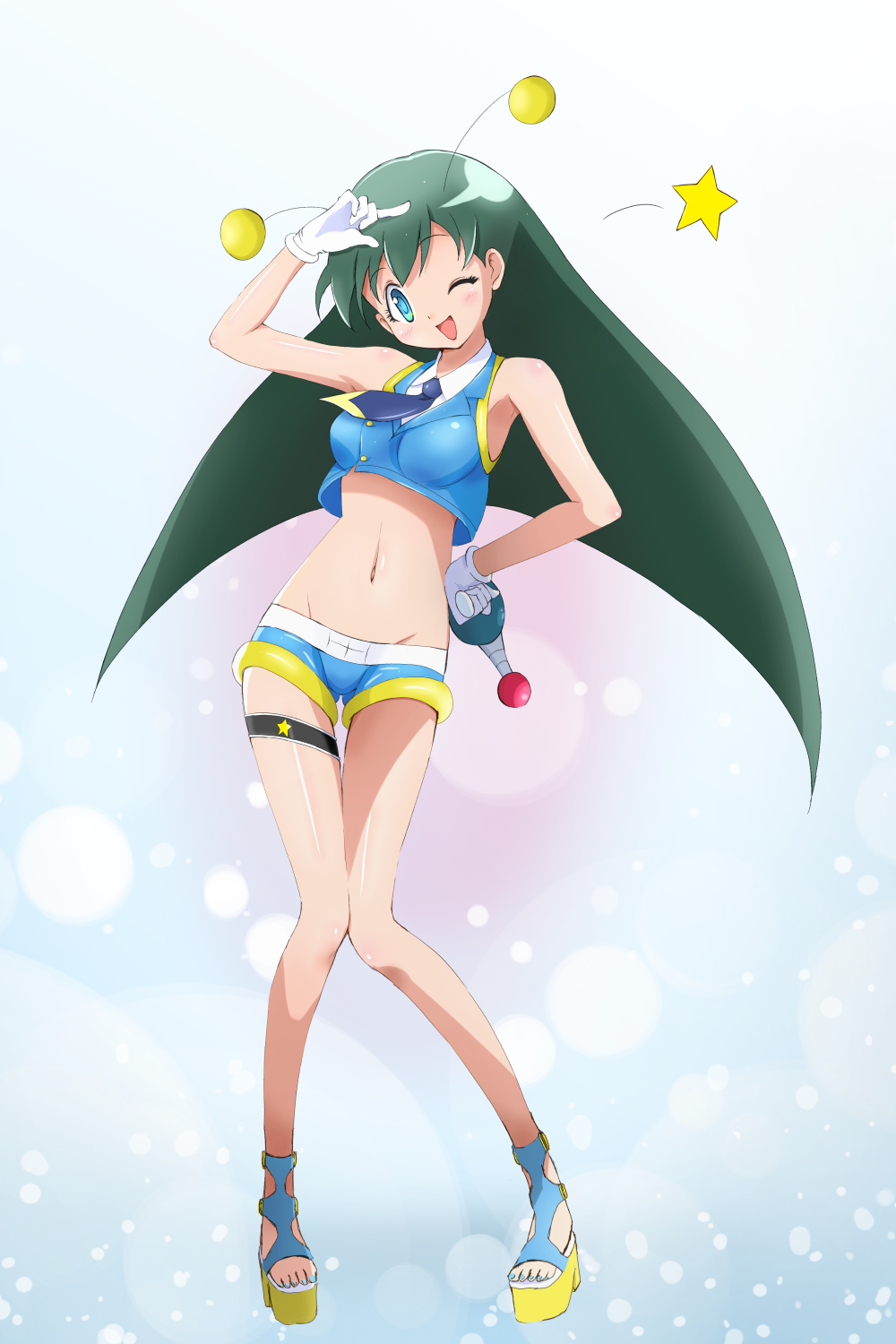 1girl ;d blue_eyes female_focus full_body gloves green_hair hand_on_own_head hand_on_own_hip highres keroro_gunsou kinfuji knees_together_feet_apart long_hair midriff nail_polish navel one_eye_closed open_mouth poyon_(keroro_gunsou) short_shorts shorts simple_background smile solo standing star_(symbol) toenail_polish toenails very_long_hair white_background white_gloves