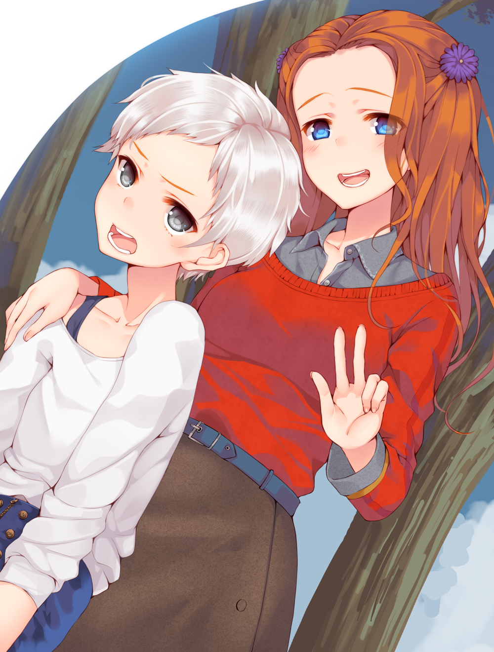 2girls :d arms_at_sides back-to-back belt blue_background blue_eyes blush brown_skirt diana_(kyokugen_dasshutsu) flower hair_ornament hand_on_another&#039;s_shoulder high-waist_shorts highres kazuzu kyokugen_dasshutsu long_hair long_sleeves multiple_girls no_eyewear open_mouth phi_(kyokugen_dasshutsu) purple_flower red_hair red_sweater shirt short_hair shorts skirt smile sweater tree v very_short_hair white_hair white_shirt zero_escape:_toki_no_dilemma