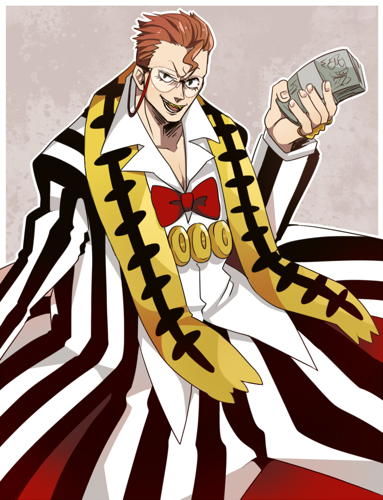 10s 1boy animal_print bad_id bad_pixiv_id bow bowtie brown_hair formal_clothes glasses gold_teeth green_eyes kill_la_kill m516 male_focus money orange_hair rimless_eyewear solo striped_suit suit takarada_kaneo tiger_print