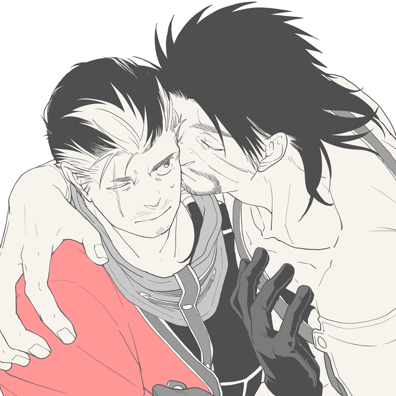 2boys 4100 auron bara beard facial_hair final_fantasy final_fantasy_x goatee hug jecht kiss kissing_cheek long_hair male_focus mature_male multicolored_hair multiple_boys one_eye_closed partially_colored scar scar_across_eye scar_on_face thick_eyebrows two-tone_hair white_background white_hair yaoi