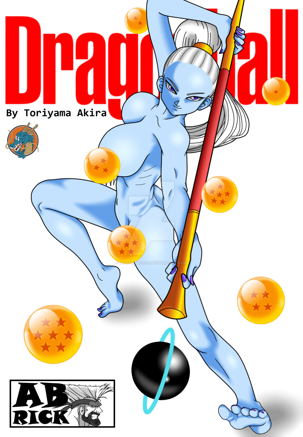 10s 1girl aaron_broscli angel_(dragon_ball) artist_name ass bangs_pinned_back blue_skin breasts butt_crack colored_skin completely_nude convenient_censoring copyright_name cover curvy dragon_ball dragon_ball_(object) dragon_ball_super facing_viewer fake_cover female_focus fighting_stance full_body high_ponytail highres long_hair looking_at_viewer nail_polish navel nude ponytail purple_eyes purple_nails purple_toenails shenron simple_background smile solo staff text_focus vados_(dragon_ball) white_background white_hair