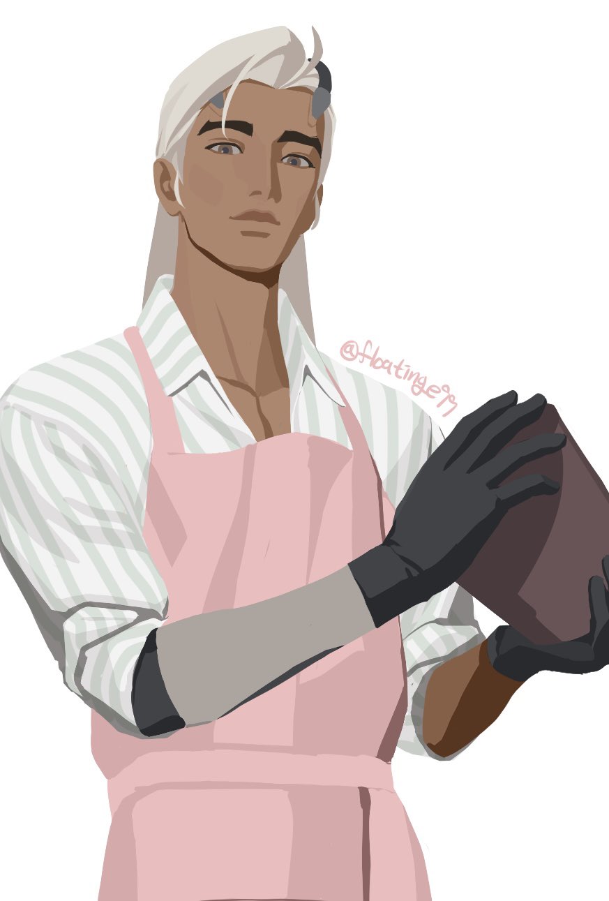 1boy apron black_gloves brown_eyes closed_mouth collared_shirt commentary_request cowboy_shot dark-skinned_male dark_skin floatinge99 gloves highres holding korean_commentary lifeweaver_(overwatch) long_hair male_focus overwatch overwatch_1 pink_apron shirt simple_background sleeves_rolled_up solo striped_clothes striped_shirt twitter_username vertical-striped_clothes vertical-striped_shirt white_background white_hair wing_collar