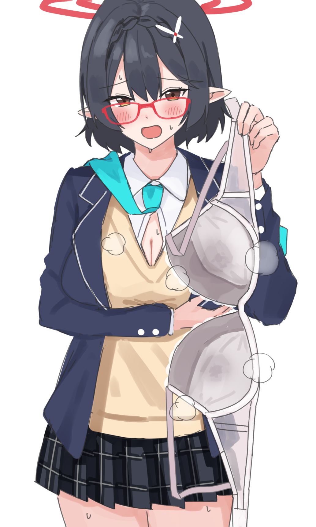 1girl ayane_(blue_archive) black_hair blue_archive blush bra breasts cleavage glasses hair_between_eyes halo highres large_breasts plaid_clothes plaid_skirt pleated_skirt pointy_ears red-framed_eyewear school_uniform short_hair simple_background skirt steam steaming_clothes tsumayouji_(tumayog) underwear unworn_bra white_background yellow_eyes