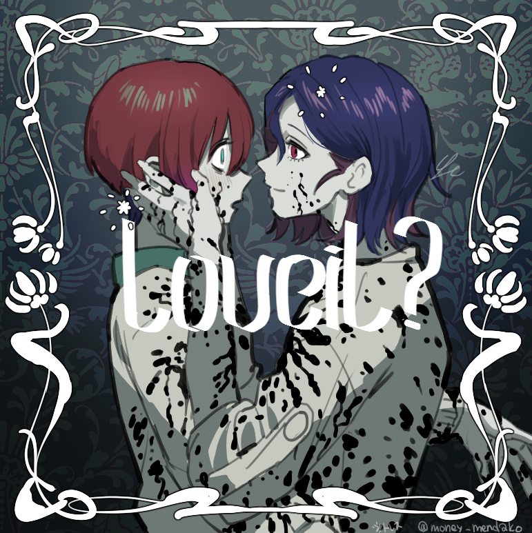 1boy 1girl amate_yuzuriha aqua_eyes black_blood blood blood_on_clothes blood_on_face blood_on_hands blue_hair blush border colored_inner_hair face-to-face gundam gundam_gquuuuuux hands_on_another&#039;s_face loveit?_(biz) multicolored_hair open_mouth ornate_border parody purple_hair red_eyes red_hair se_(hanahide) shirt short_hair shuji_ito smile two-tone_hair upper_body white_shirt