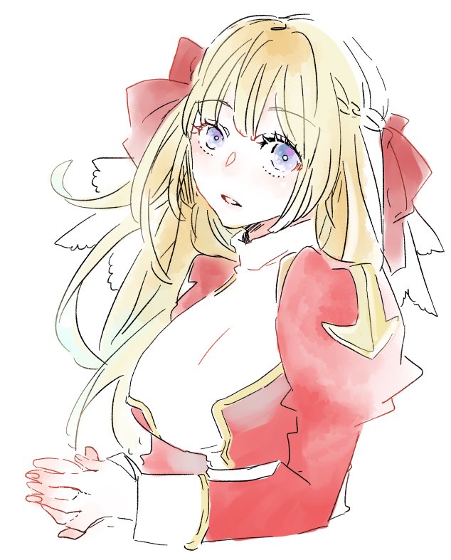 1girl blonde_hair blue_eyes blush bow braid breasts dress fingernails half_up_braid high_priest_(ragnarok_online) juliet_sleeves large_breasts long_hair long_sleeves looking_at_viewer parted_lips puffy_sleeves ragnarok_online red_bow red_dress simple_background solo two-tone_dress upper_body white_background white_dress yutsuki