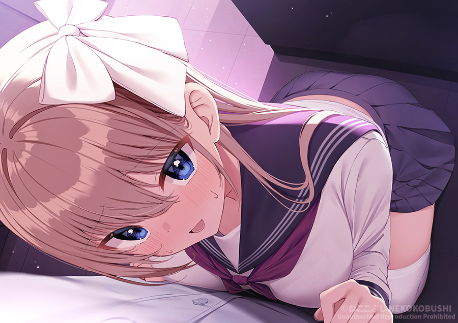 1boy 1girl :d artist_name back_peek black_sailor_collar black_skirt blonde_hair blue_eyes blush bow breasts commentary_request from_above hair_bow hetero indoors kneeling long_hair long_sleeves looking_at_viewer looking_up medium_breasts miniskirt neckerchief nekokobushi open_mouth original pleated_skirt purple_neckerchief ribbonko-chan sailor_collar school_uniform serafuku shirt skirt smile solo_focus thighhighs white_bow white_shirt white_thighhighs