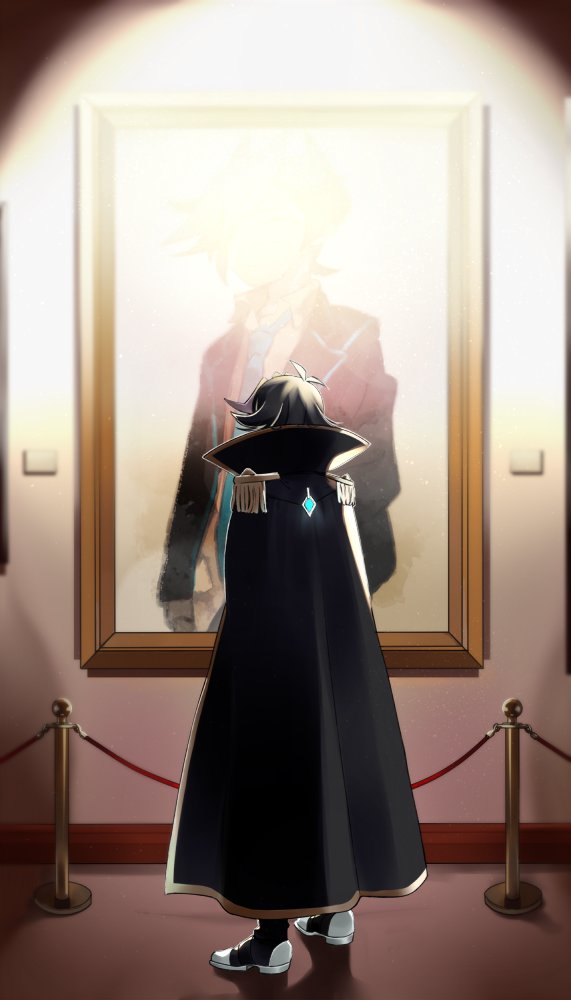 2boys ahoge ai_(yu-gi-oh!) alternate_form black_cape black_footwear black_hair black_jacket blue_gemstone blue_necktie cape colored_bangs dress_shirt colored_bangs epaulettes faceless faceless_male facing_away fujiki_yusaku gem guard_rail humanoid_robot indoors jacket light_bulb light_particles light_rays looking_at_object military_uniform multiple_boys museum necktie open_clothes open_jacket painting_(object) picture_frame popped_collar robot shirt spiked_hair tatiuoblade untucked_shirt white_shirt yu-gi-oh! yu-gi-oh!_vrains