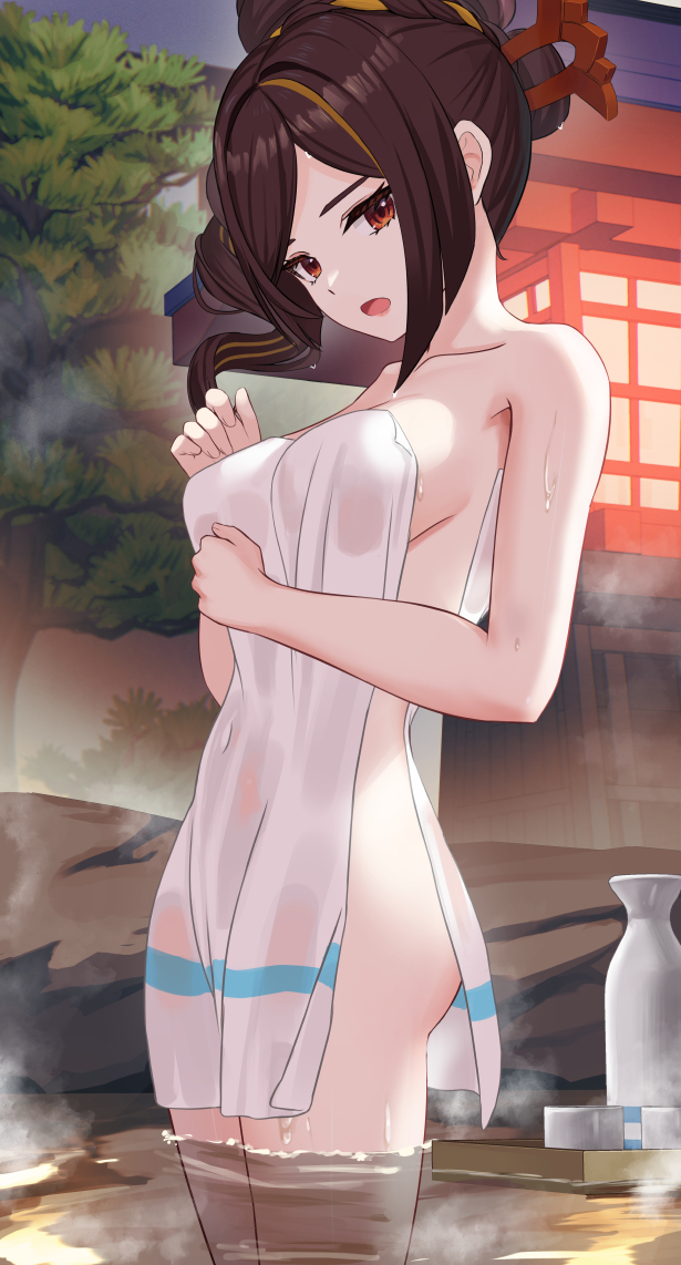1girl bare_shoulders braid breasts brown_hair chiori_(genshin_impact) covered_erect_nipples floating_tray genshin_impact hair_ornament hair_stick lantern large_breasts looking_at_viewer multicolored_hair naked_towel onsen open_mouth partially_submerged red_eyes solo steam streaked_hair sway_back tokkuri towel tree tsuseki water wet wooden_tray