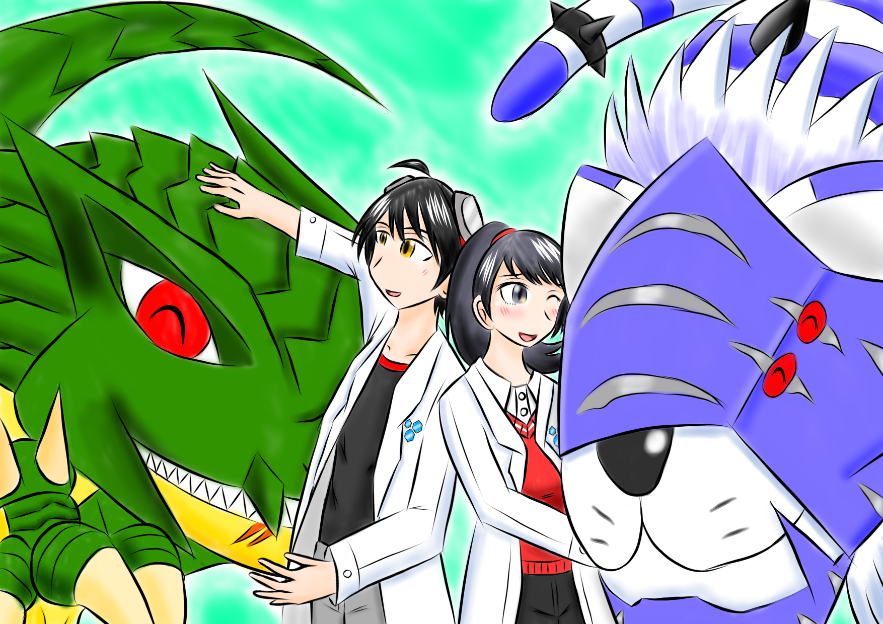 1boy 1girl baihumon coat digimon dinorexmon dinosaur highres mask momotsuka_takuma red_eyes shibuya_aoi tiger