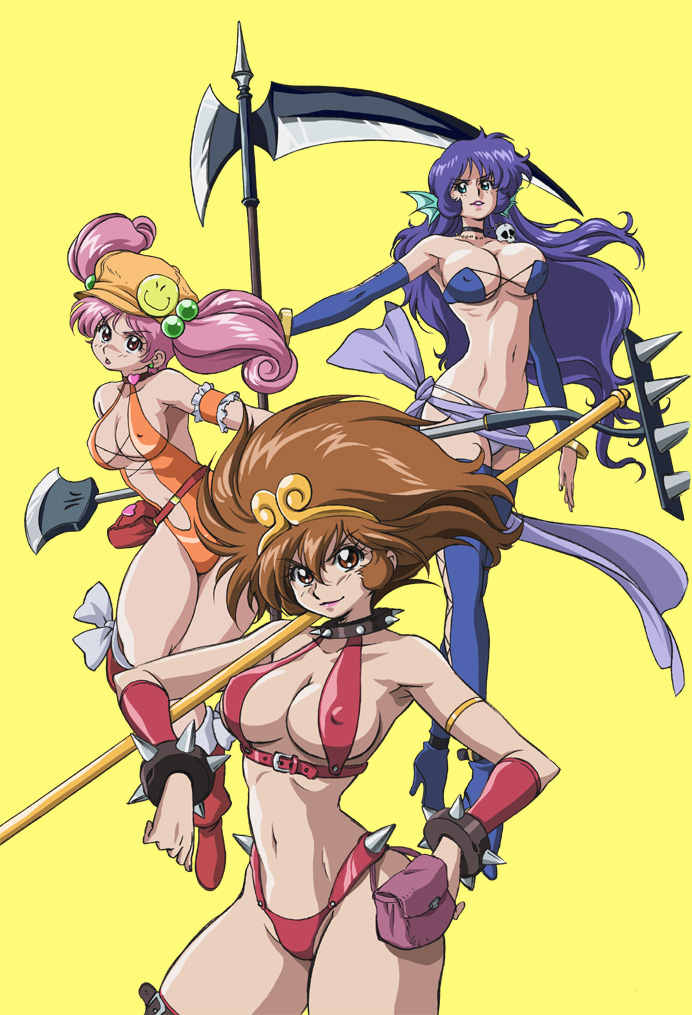 00s 3girls arisugawa_mayuko blue_hair curvy female_focus hanao_usagi highleg highleg_leotard iyashite_agerun_saiyuki leather leotard moriyama_izumi multiple_girls nipples pink_hair scythe shiny_skin smile standing sun_wukong team thigh_strap thighs thong twintails uchida_yorihisa yellow_background
