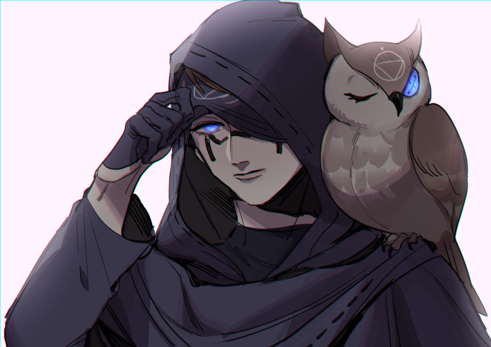 1boy animal animal_on_shoulder azaya_(kuroi_azaya) bird bird_on_shoulder black_gloves black_robe blindfold blindfold_lift blue_eyes brown_bird closed_mouth eli_clark facial_mark gloves hood hood_up identity_v looking_at_viewer male_focus owl robe simple_background solo symbol-shaped_pupils upper_body x-shaped_pupils
