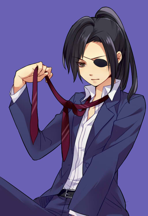 1girl androgynous belt black_eyes black_hair blue_jacket blue_pants dress_shirt esikodama eyepatch female_focus gintama high_ponytail holding_necktie jacket long_hair long_sleeves necktie open_clothes open_jacket pants ponytail purple_background red_necktie shirt simple_background sitting solo white_shirt yagyuu_kyuubei