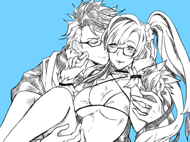 1boy 1girl bikini blue_background breasts brynhild_(fate) brynhild_(swimsuit_berserker)_(first_ascension)_(fate) carrying closed_eyes commentary_request fate/grand_order fate_(series) glasses greyscale_with_colored_background hair_ornament hair_scrunchie hetero jewelry korean_commentary large_breasts multicolored_hair one_side_up open_mouth princess_carry ring scarf scrunchie sigurd_(fate) sigurd_(memories_with_my_lover)_(fate) smile swimsuit two-tone_hair uni_(unnny) wedding_ring wrist_cuffs