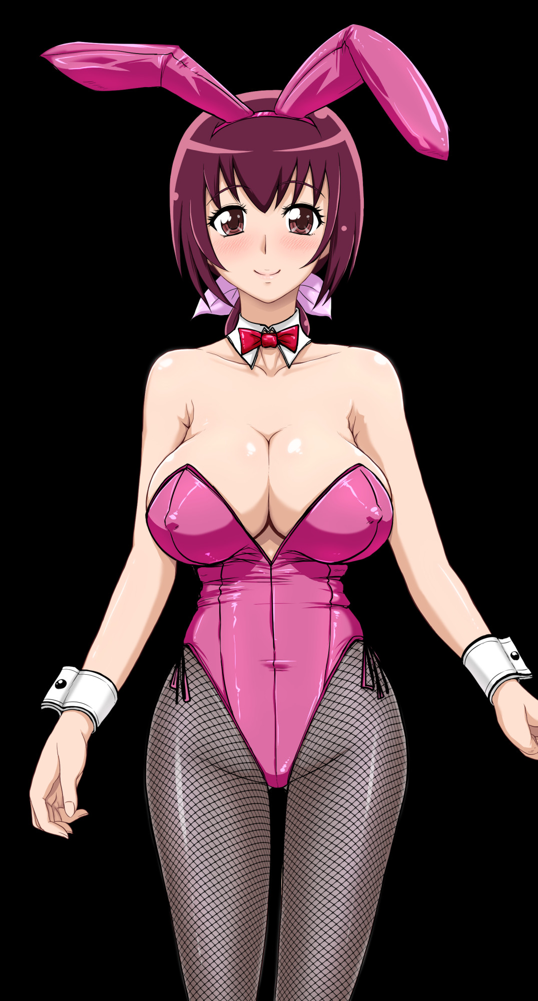 1girl animal_ears bare_shoulders black_background blush bow bowtie breasts cleavage covered_erect_nipples cowboy_shot fake_animal_ears female_focus fishnet_legwear fishnets groin highres hoshizora_ikuyo large_breasts legs leotard long_hair looking_at_viewer mature_female playboy_bunny ponytail precure purple_hair rabbit_ears red_eyes simple_background smile_precure! solo standing t-aoba thighs wrist_cuffs