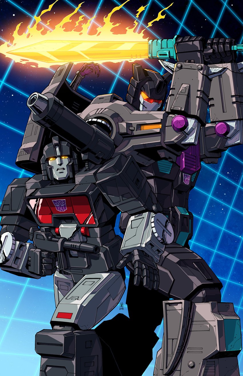2boys artist_collaboration autobot casey_w._coller commentary dyemooch english_commentary fire flaming_sword flaming_weapon grimlock gun head_tilt highres holding holding_gun holding_sword holding_weapon looking_at_viewer looking_up mecha mecha_focus multiple_boys no_humans open_hand open_mouth perceptor_(transformers) robot science_fiction shoulder_cannon sword transformers transformers_shattered_glass visor weapon