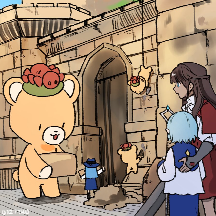 1boy 2girls asha_in_erinn brick castle cowenna dress eochaid_(mabinogi) lorna mabinogi multiple_girls outdoors red_dress robe stuffed_animal stuffed_toy teddy_bear