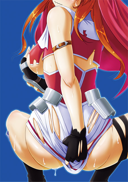 10s 1girl ass blush breasts chantez_apinion clothes_pull covering_ass covering_breasts covering_privates female_focus head_out_of_frame lyrical_nanoha mahou_shoujo_lyrical_nanoha mahou_shoujo_lyrical_nanoha_vivid no_panties orange_hair skirt skirt_pull solo spread_legs squatting sweat tappa_(esperanza) torn_clothes torn_skirt underboob wavy_mouth