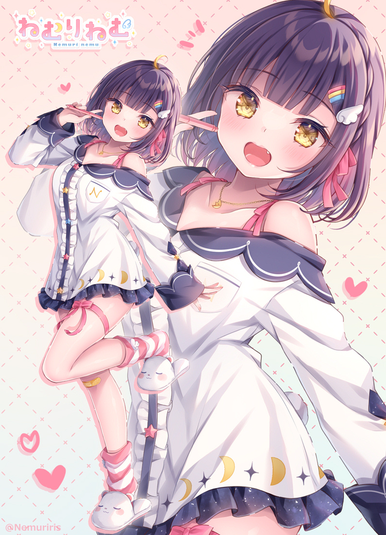 1girl :d ahoge animal_slippers bear_slippers black_hair braid breasts brown_eyes center_frills cleavage collarbone commentary_request copyright_request dotted_line dress fang frilled_dress frills gradient_background hair_ornament hand_up holding long_sleeves looking_at_viewer loose_socks medium_breasts nemuri_nemu off_shoulder open_mouth pink_background sleeves_past_wrists slippers smile socks solo standing standing_on_one_leg striped_clothes striped_socks virtual_youtuber white_background white_dress white_slippers wing_hair_ornament zoom_layer