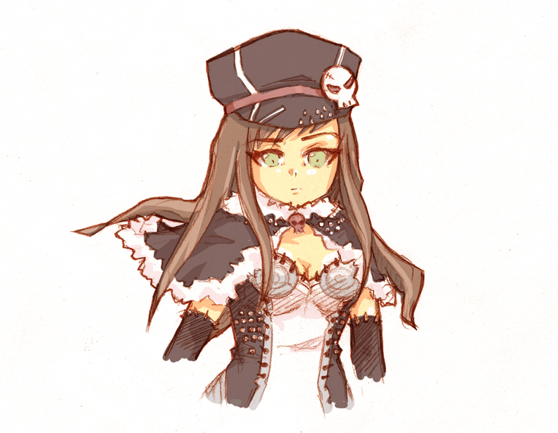 1girl black_cape black_dress black_gloves black_hat breasts brown_hair newsboy_cap cape cleavage closed_mouth commentary dress english_commentary expressionless fur-trimmed_cape fur_trim gloves green_eyes hat hat_ornament high_wizard_(ragnarok_online) long_hair looking_at_viewer medium_breasts pickacolour ragnarok_online sidelocks simple_background skull_hat_ornament solo two-tone_dress upper_body white_background white_dress