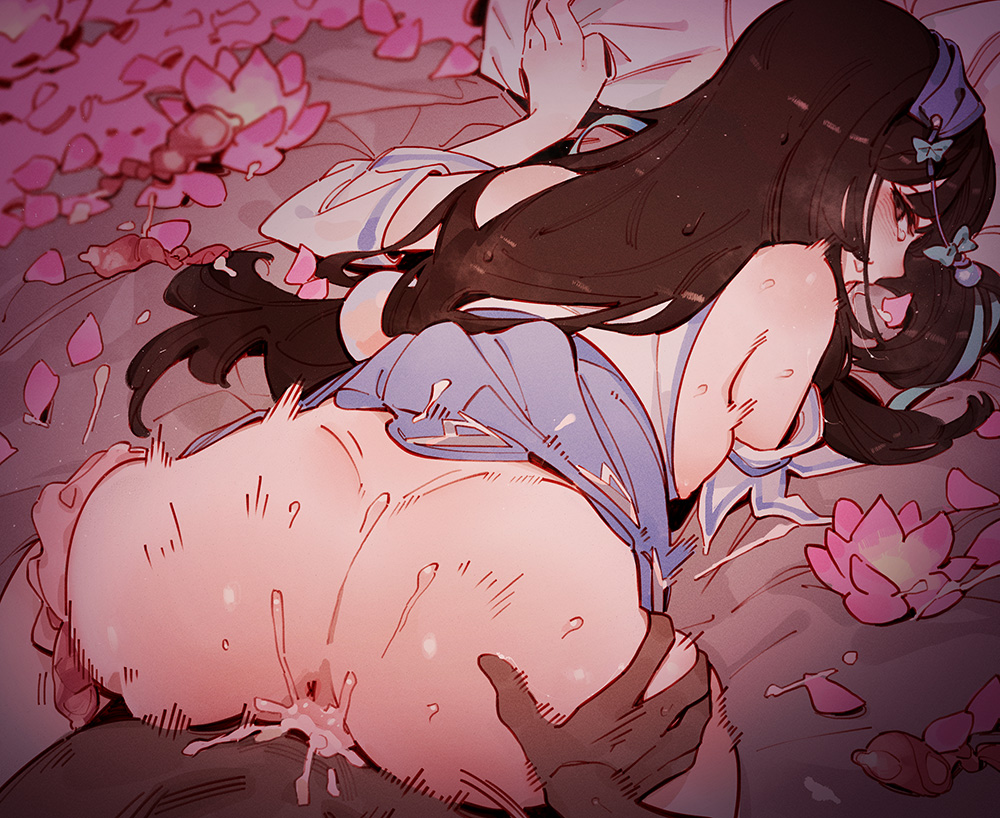 1boy 1girl all_fours ass blunt_bangs blush breasts brown_hair chinese_clothes cum cum_in_pussy dark-skinned_male dark_skin detached_sleeves doggystyle fins flower gsusart hair_spread_out head_fins hetero large_breasts long_hair looking_at_viewer nipples panties panties_around_leg pov pussy saliva sex sex_from_behind solo_focus steam tongue tongue_out underwear vaginal very_long_hair wangzhe_rongyao xishi