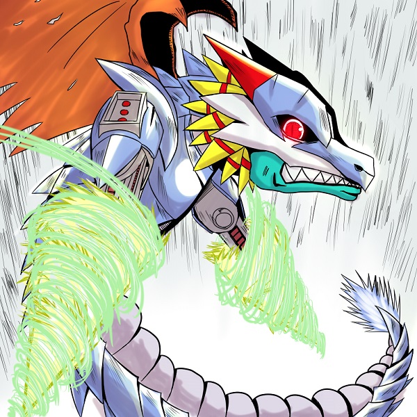 airdramon digimon digimon_(creature) drill gigadramon mailbirdramon megadramon oridigi original red_eyes sharp_teeth solo tail teeth wings