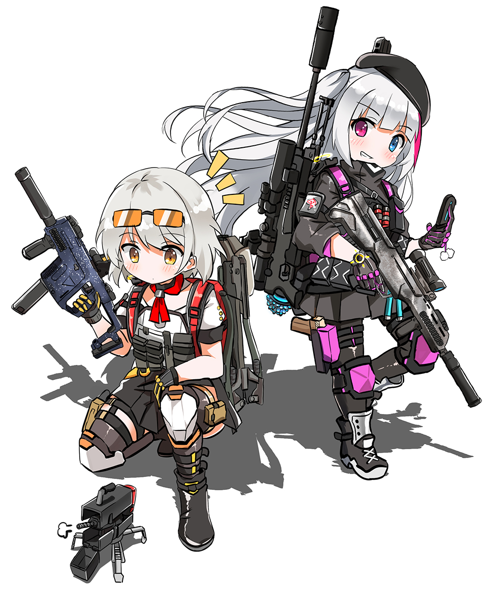 2girls assault_rifle backpack bag battle_rifle boots bullpup cellphone desert_tech_mdr drone exoskeleton fatkewell flip_phone girls&#039;_frontline gloves grin gun highres kriss_usa kriss_vector magpul mdr_(girls&#039;_frontline) multiple_girls phone rifle sentry_gun smile submachine_gun suppressor tactical_clothes tom_clancy&#039;s_the_division_2 transformational_defense_industries unmanned_ground_vehicle vector_(girls&#039;_frontline) weapon