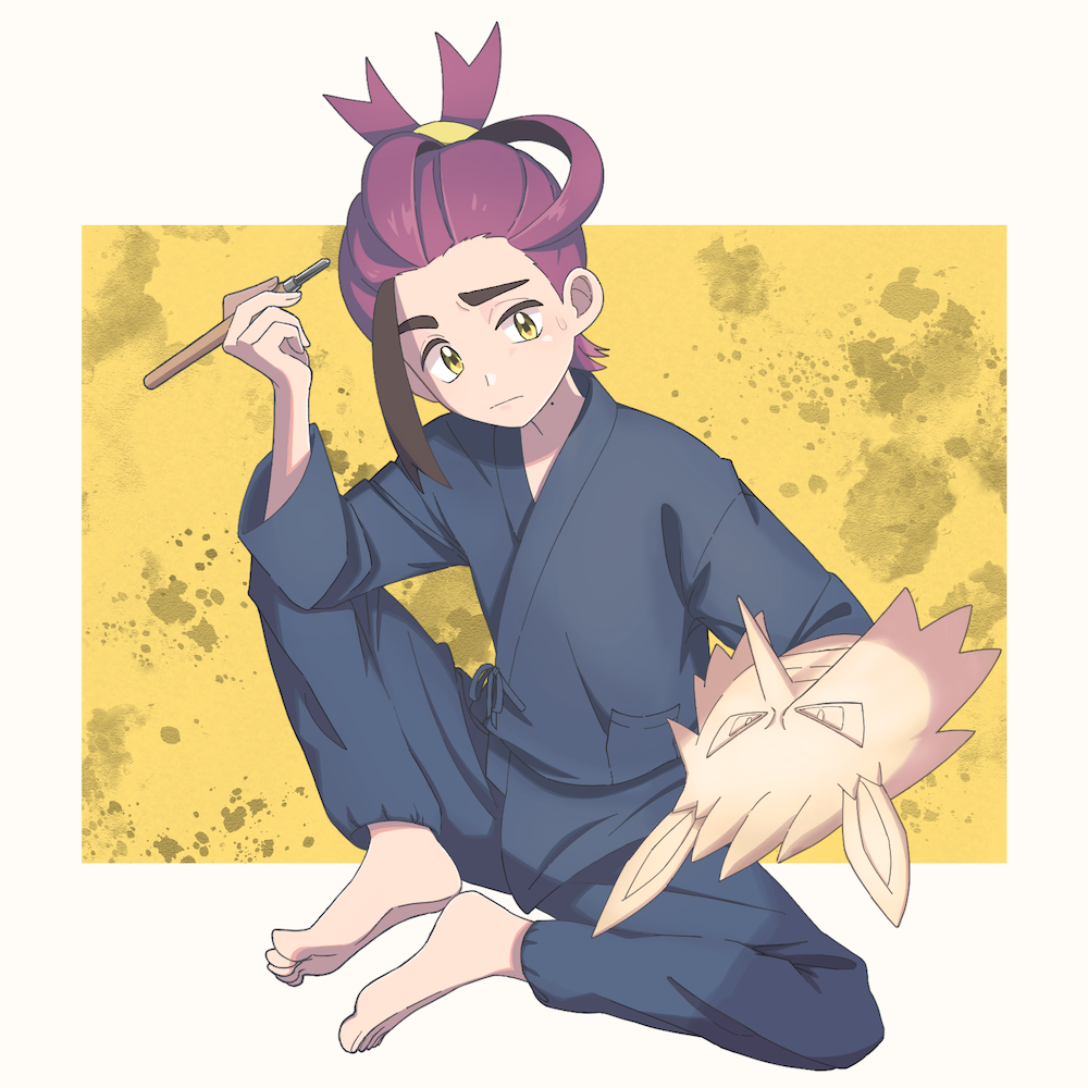 1boy alternate_costume barefoot closed_mouth feet full_body holding holding_chisel kieran_(pokemon) looking_down loose_hair_strand male_focus mask mole mole_on_neck multicolored_hair nintendo pants pokemon pokemon_sv purple_hair shirt solo suimoku_(hzdg5322) sweatdrop toes two-tone_hair yellow_eyes