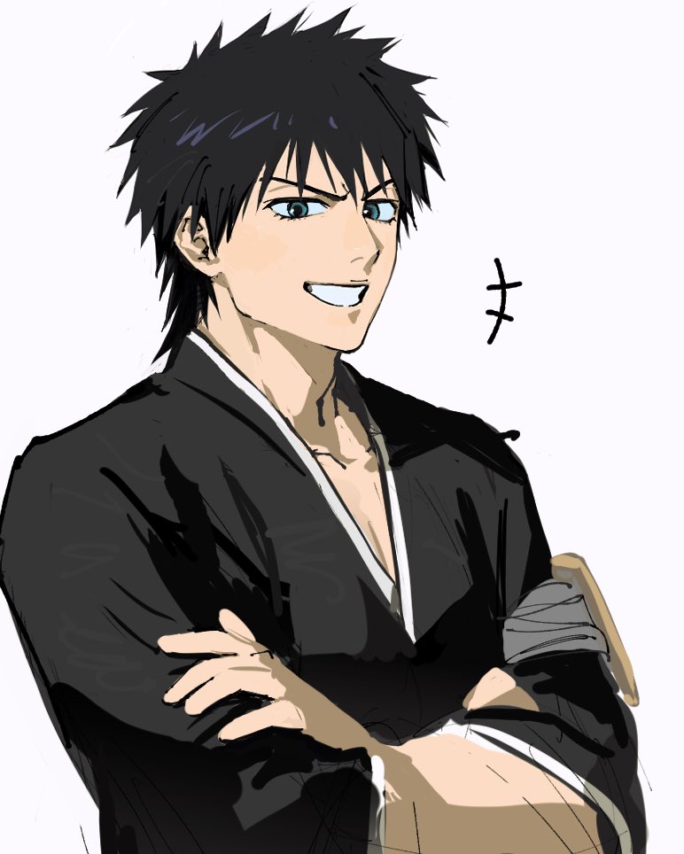+++ 1boy :d badge black_hair black_kimono bleach commentary crossed_arms eyelashes fukutaichou_badge green_eyes grin hair_between_eyes japanese_clothes kimono korean_commentary long_sleeves looking_at_viewer male_focus nose open_mouth shiba_kaien short_hair simple_background sketch smile solo spiked_hair upper_body v-shaped_eyebrows white_background wide_sleeves yongsa_(y0ngs4)