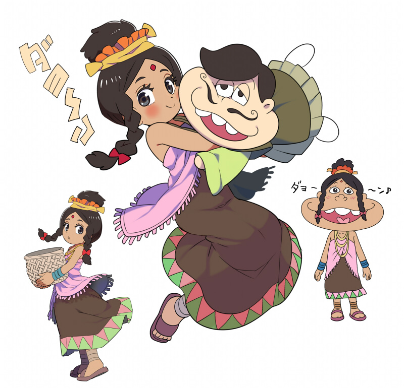 1boy 1girl anklet basket blush bracelet braid brown_dress brown_eyes buck_teeth dark-skinned_female dark_skin dayoon_girl dress facial_hair forehead_jewel garara382 green_kimono hair_bun hair_ornament hair_scrunchie heart heart_in_mouth hetero holding holding_basket hug japanese_clothes jewelry kimono matsuno_choromatsu multiple_views mustache necklace official_style open_mouth osomatsu-san osomatsu_(series) parody sandals scrunchie smile style_parody teeth twin_braids white_background yukata