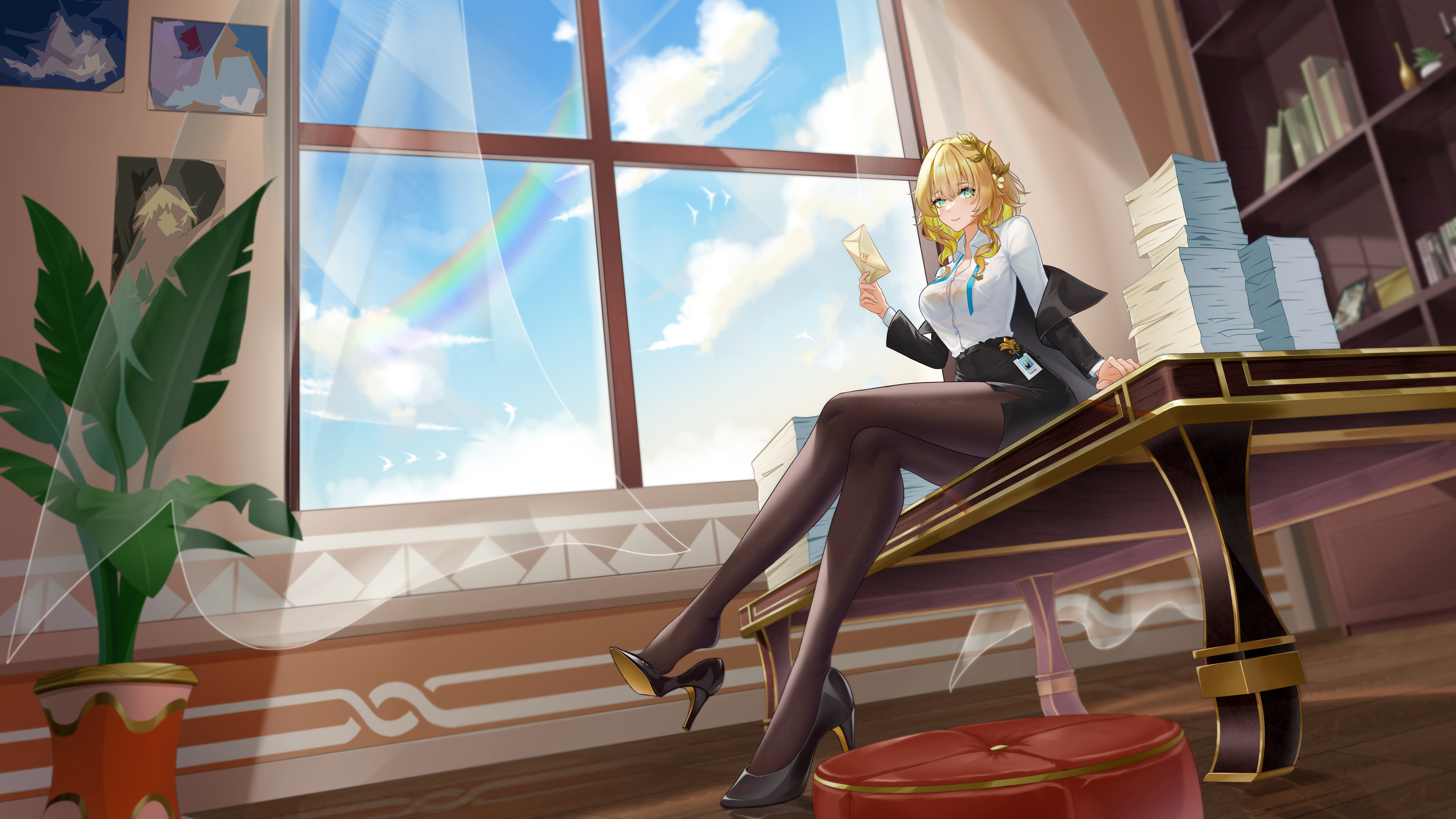 1girl absurdres aglaea_(honkai:_star_rail) alternate_costume aqua_eyes black_jacket black_pantyhose black_shoes black_skirt blonde_hair blue_ribbon blue_sky bookshelf bra_visible_through_clothes breasts button_gap closed_mouth cloud collared_shirt colored_inner_hair commentary_request contemporary crossed_legs curtains day dress_shirt envelope flower formal_clothes from_below full_body hair_flower hair_ornament hand_on_table hand_up high_heels highres holding holding_envelope holding_letter honkai:_star_rail honkai_(series) id_card indoors jacket jacket_partially_removed letter long_hair long_sleeves looking_at_viewer medium_breasts multicolored_hair neck_ribbon office_lady on_table painting_(object) pantyhose paper_stack patent_heels pencil_skirt plant potted_plant pumps rainbow ribbon see-through_clothes see-through_curtains see-through_shirt shirt shirt_tucked_in shoe_dangle shoes sitting skirt skirt_suit sky smile solo suit suit_jacket table undone_neck_ribbon user_fgfa7284 white_shirt window wooden_floor