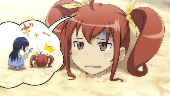 2girls aragaki_ayase beach buried game_cg kurusu_kanako magnifying_glass multiple_girls ore_no_imouto_ga_konna_ni_kawaii_wake_ga_nai sand shaded_face speech_bubble