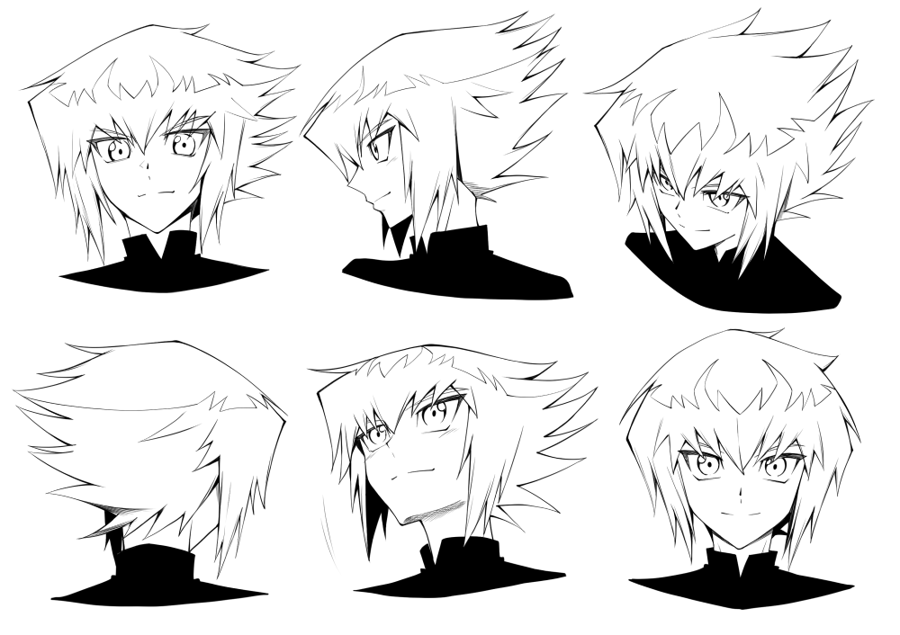 1boy commentary_request high_collar male_focus medium_hair monochrome multiple_views profile rourou_ill shirt simple_background smile white_background yu-gi-oh! yu-gi-oh!_gx yuki_judai