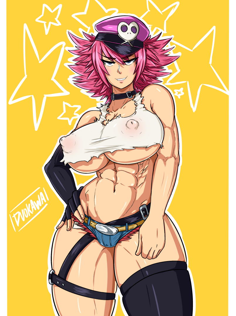 1girl abs alternate_hair_length alternate_hairstyle artist_name belt black_gloves black_thighhighs blue_eyes blue_shorts breasts collar contrapposto covered_erect_nipples crop_top curvy cutoffs denim denim_shorts duo_kawa elbow_gloves female_focus final_fight fingerless_gloves gloves hand_on_own_hip hat huge_breasts huge_nipples looking_at_viewer micro_shorts midriff navel no_bra peaked_cap pink_hair pockets_visible poison_(final_fight) purple_hat revealing_clothes short_hair shorts single_elbow_glove single_fingerless_glove single_thighhigh solo spiked_hair standing stomach street_fighter street_fighter_v tank_top thick_thighs thigh_strap thighhighs thighs toned underboob yellow_background