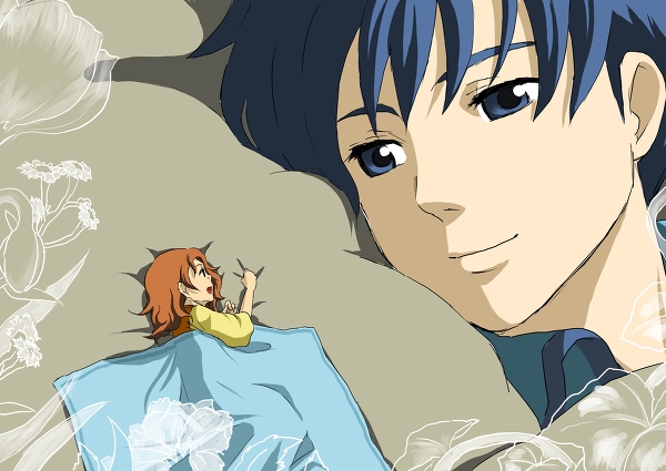 10s 1boy 1girl arrietty bed bed_sheet eye_contact happy karigurashi_no_arrietty looking_at_another lying mini_person minigirl sheet_grab shou_(karigurashi_no_arrietty) sleeping smile