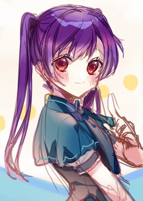 1girl aqua_shirt blush frilled_sleeves frills furrowed_brow koyoru-f long_hair looking_at_viewer love_live! love_live!_school_idol_festival pointing purple_hair red_eyes shirase_koyuki shirt short_sleeves sketch solo swept_bangs twintails upper_body