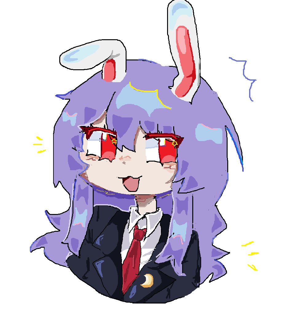 1girl :3 animal_ears black_jacket caatnnipp chibi chibi_only emphasis_lines formal_clothes jacket long_hair microsoft_paint_(medium) necktie open_mouth purple_hair rabbit_ears rabbit_girl red_eyes red_necktie reisen_udongein_inaba simple_background solo suit touhou upper_body white_background