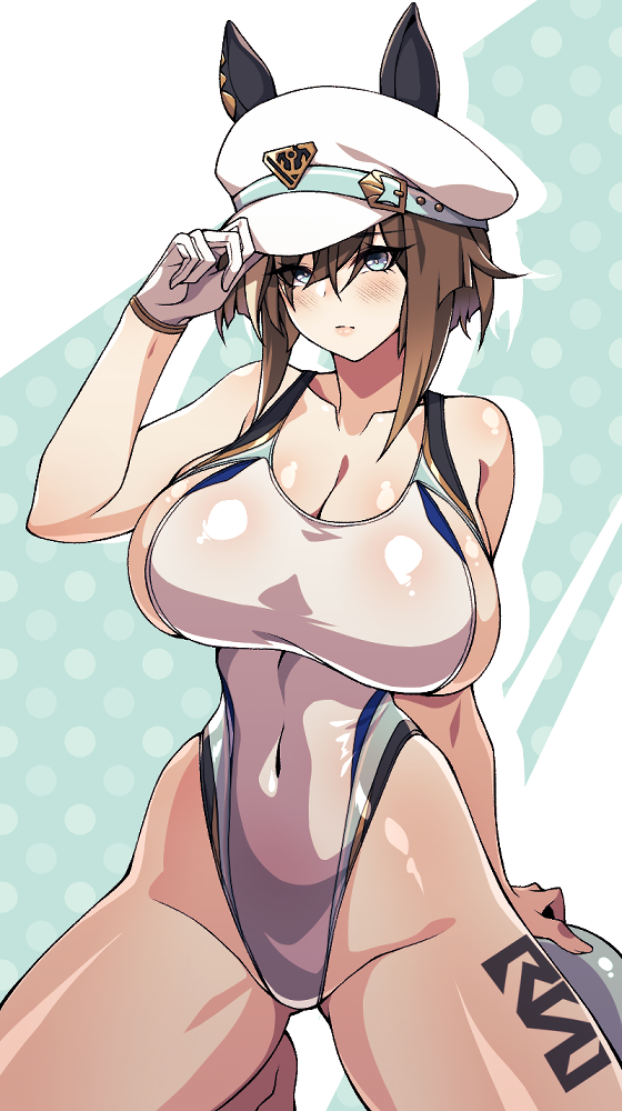 1girl animal_ears blue_eyes blush breasts brown_hair cero_rains cheval_grand_(umamusume) cleavage competition_swimsuit covered_navel gloves hair_between_eyes hat hat_belt highleg horse_ears horse_girl kneeling large_breasts looking_at_viewer md5_mismatch multicolored_hair one-piece_swimsuit peaked_cap sideboob skindentation solo streaked_hair swimsuit umamusume white_gloves white_hair white_hat white_swimsuit