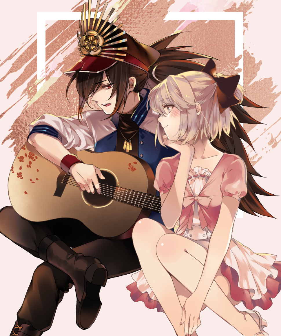 2girls blonde_hair blush boots crest dress family_crest fate/grand_order fate_(series) guitar hair_between_eyes hair_ribbon hat instrument japanese_clothes leila_(yurisouls) long_hair looking_to_the_side multiple_girls music oda_kippoushi_(fate) oda_nobunaga_(fate) oda_nobunaga_(koha-ace) okita_souji_(fate) okita_souji_(koha-ace) peaked_cap pink_dress red_eyes ribbon short_hair thighhighs yuri