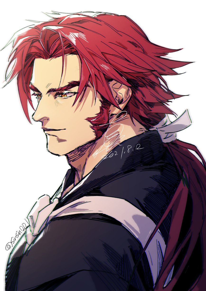 1boy black_kimono closed_mouth dated facial_hair highres japanese_clothes kimono long_hair long_sideburns male_focus red_hair shin_(sinsin12121) sideburns signature simple_background solo tonbokiri_(touken_ranbu) touken_ranbu twitter_username upper_body white_background yellow_eyes