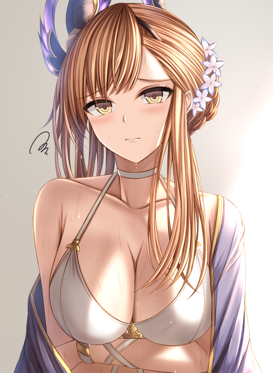 1girl arms_under_breasts asymmetrical_bangs bikini blush bracelet breasts brown_eyes brown_hair choker cleavage closed_mouth collarbone embarrassed flower granblue_fantasy hair_flower hair_ornament highres jewelry kanpyou_(hghgkenfany) large_breasts long_hair looking_at_viewer official_alternate_costume shawl solo swimsuit tweyen_(eternal&#039;s_summer_vacation)_(granblue_fantasy) tweyen_(granblue_fantasy) upper_body wet white_bikini white_choker